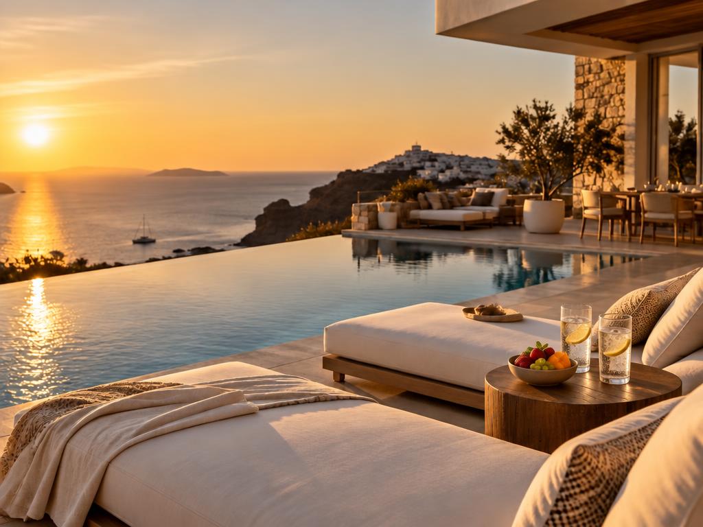 Mediterranean coastal town with whitewashed buildings overlooking a calm sea